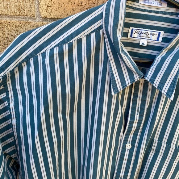 Vintage Yves Saint Laurent Striped Button Up Shirt XL White/Green - Picture 7 of 10